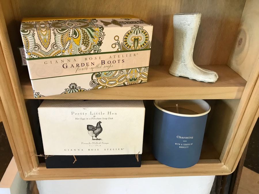 Wall Mounted Hooked Wooden Shelving Boxes Filled With New Products Including A Vintage French Photo, Various Candles Including Copper & Clover, Soaps From Gianna Rose Atelier And More - See Photos [Photo 18]