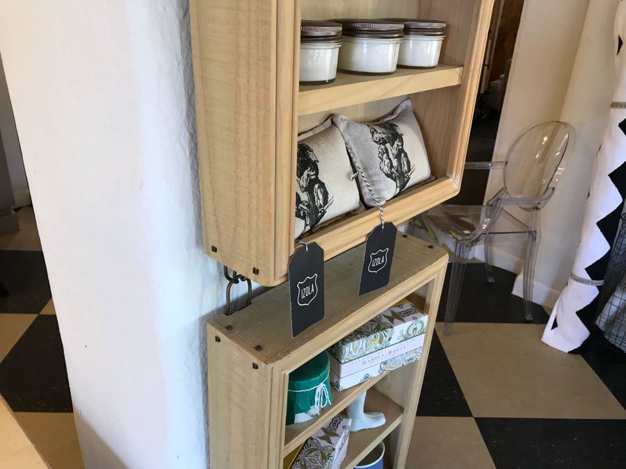 Wall Mounted Hooked Wooden Shelving Boxes Filled With New Products Including A Vintage French Photo, Various Candles Including Copper & Clover, Soaps From Gianna Rose Atelier And More - See Photos [Photo 4]