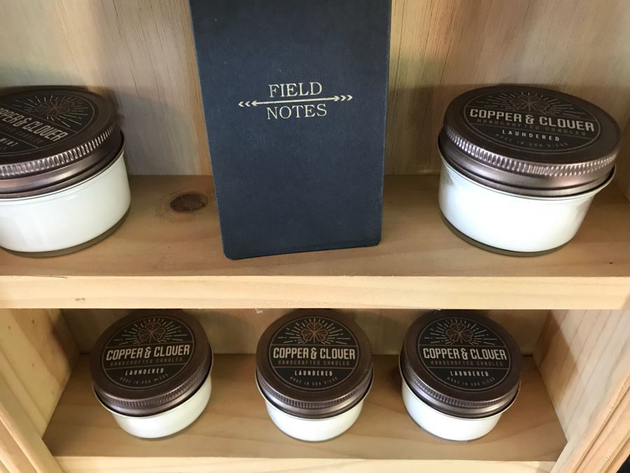 Wall Mounted Hooked Wooden Shelving Boxes Filled With New Products Including A Vintage French Photo, Various Candles Including Copper & Clover, Soaps From Gianna Rose Atelier And More - See Photos [Photo 10]