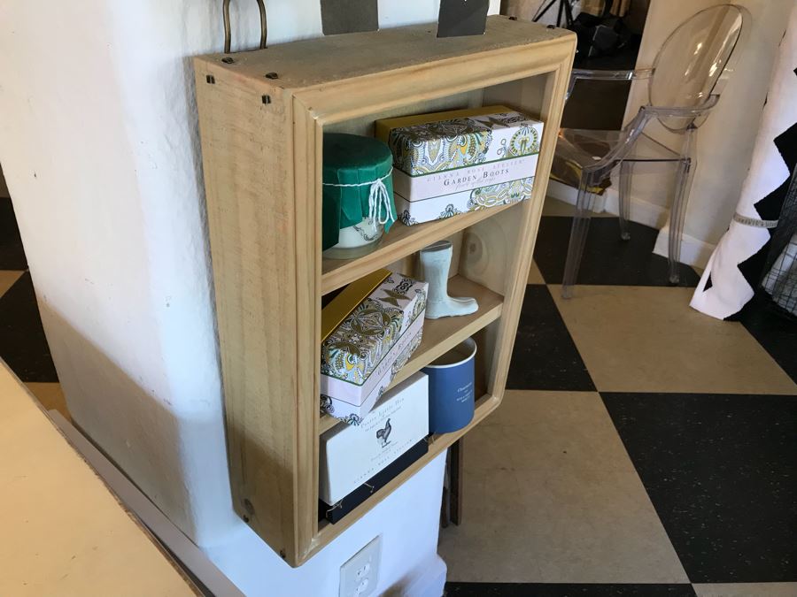 Wall Mounted Hooked Wooden Shelving Boxes Filled With New Products Including A Vintage French Photo, Various Candles Including Copper & Clover, Soaps From Gianna Rose Atelier And More - See Photos [Photo 5]