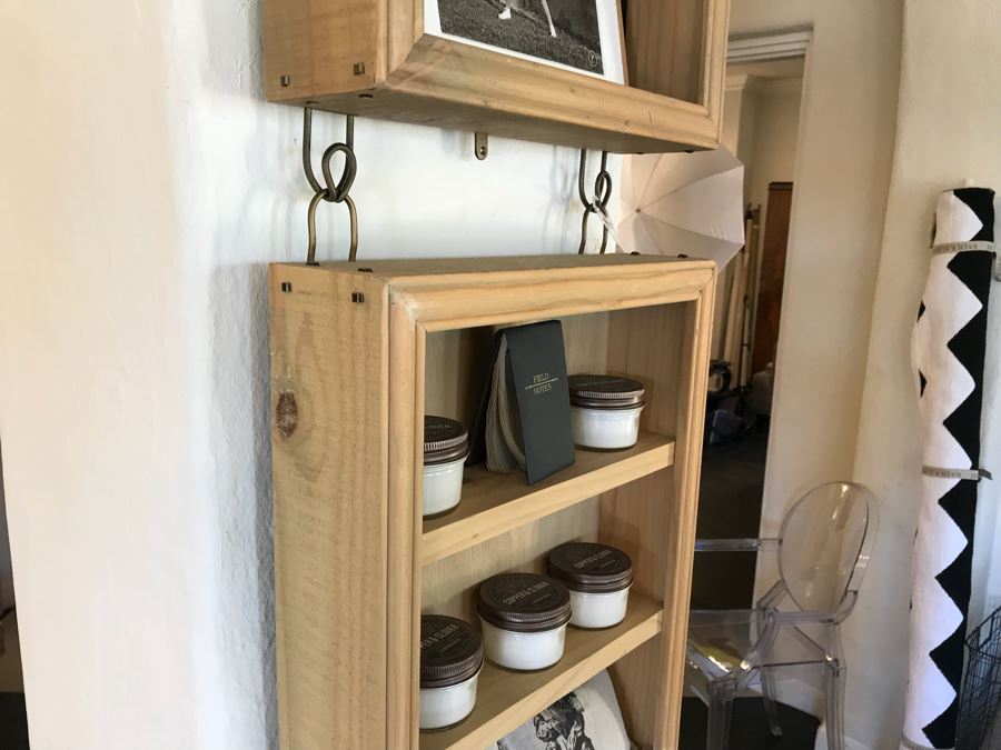 Wall Mounted Hooked Wooden Shelving Boxes Filled With New Products Including A Vintage French Photo, Various Candles Including Copper & Clover, Soaps From Gianna Rose Atelier And More - See Photos [Photo 3]
