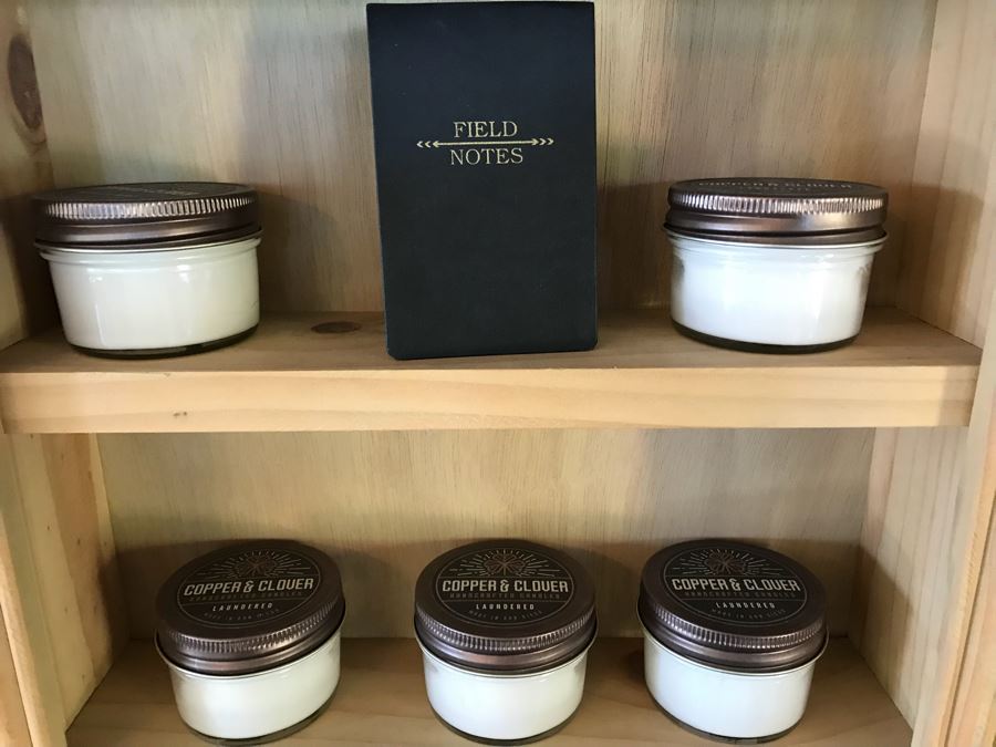 Wall Mounted Hooked Wooden Shelving Boxes Filled With New Products Including A Vintage French Photo, Various Candles Including Copper & Clover, Soaps From Gianna Rose Atelier And More - See Photos [Photo 9]