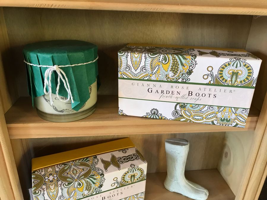 Wall Mounted Hooked Wooden Shelving Boxes Filled With New Products Including A Vintage French Photo, Various Candles Including Copper & Clover, Soaps From Gianna Rose Atelier And More - See Photos [Photo 15]