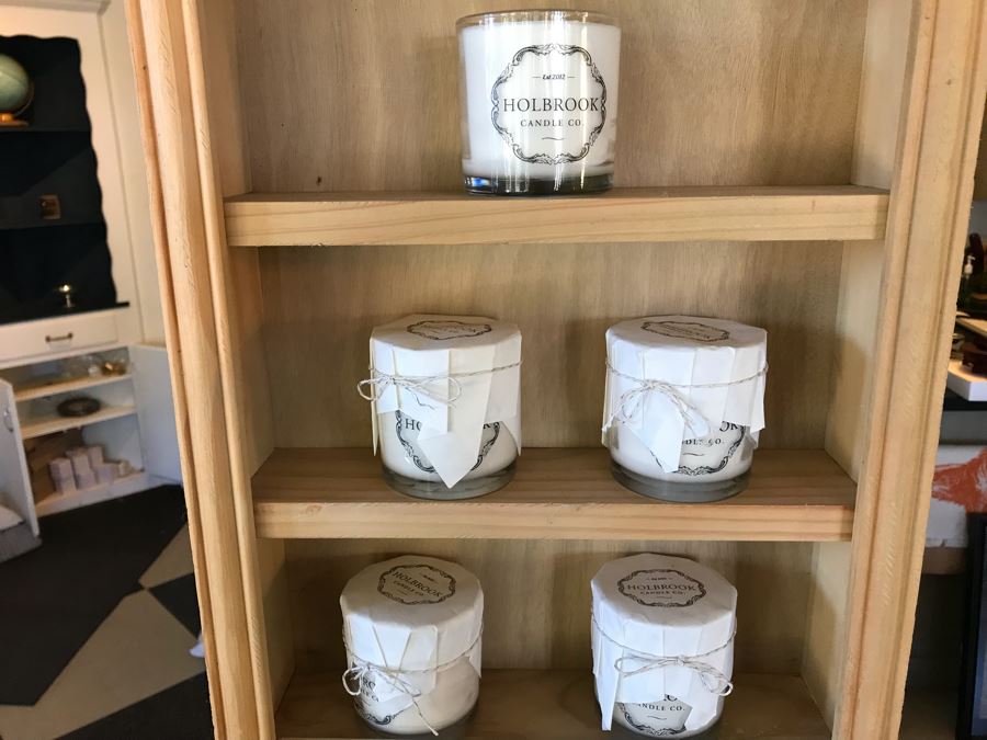 Wall Mounted Hooked Shelving Boxes Filled With New Products From Holbrook Candle Co - See Photos [Photo 6]