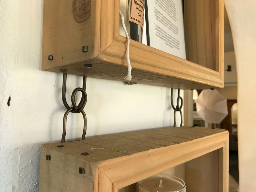 Wall Mounted Hooked Shelving Boxes Filled With New Products From Holbrook Candle Co - See Photos [Photo 11]