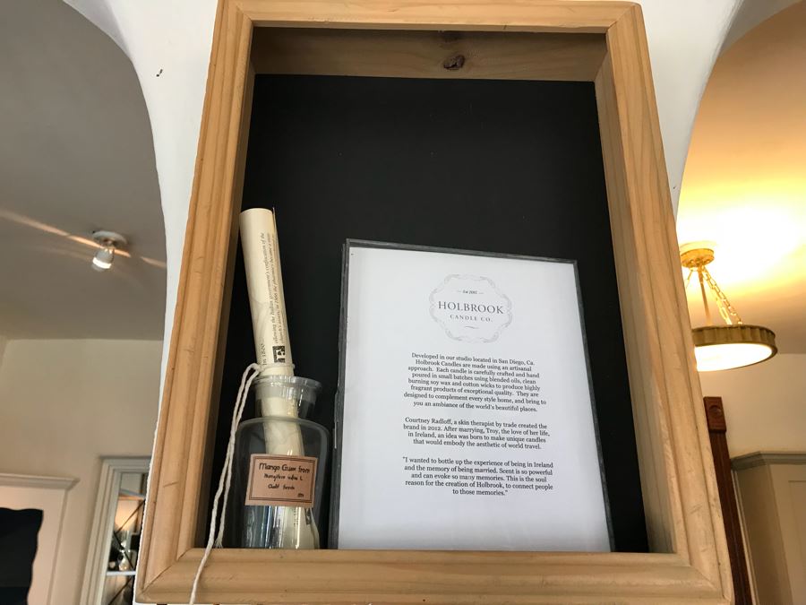 Wall Mounted Hooked Shelving Boxes Filled With New Products From Holbrook Candle Co - See Photos [Photo 2]