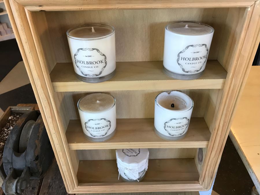 Wall Mounted Hooked Shelving Boxes Filled With New Products From Holbrook Candle Co - See Photos [Photo 8]
