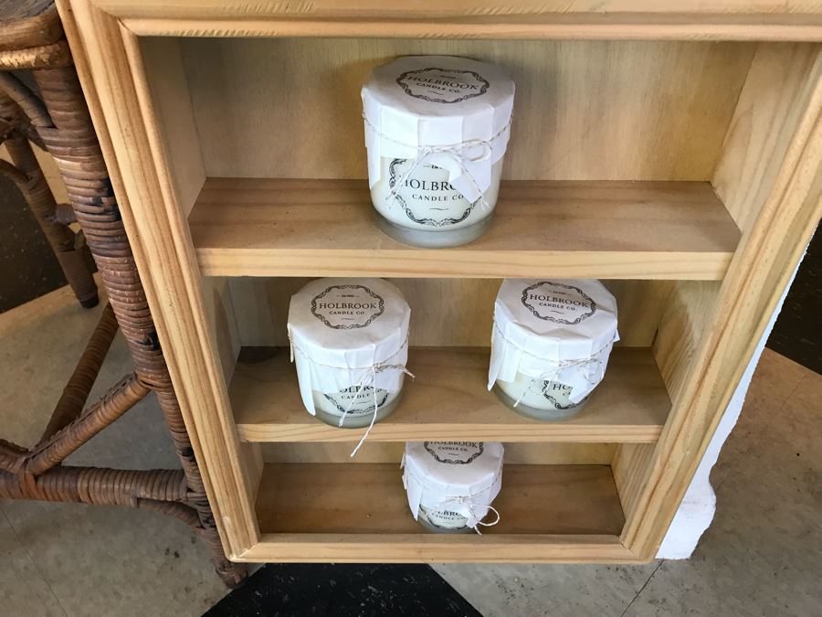 Wall Mounted Hooked Shelving Boxes Filled With New Products From Holbrook Candle Co - See Photos [Photo 9]