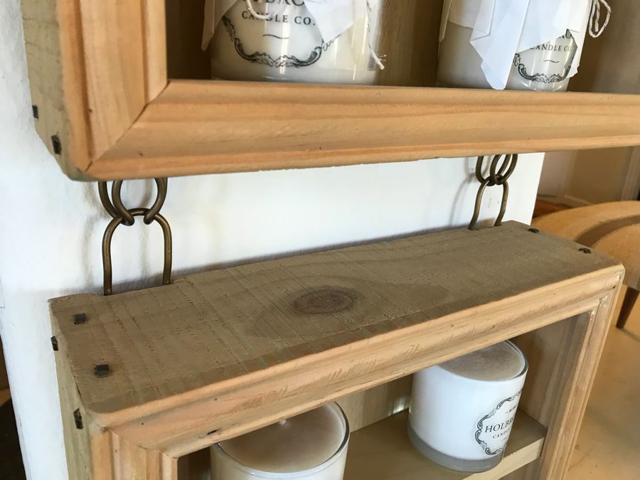 Wall Mounted Hooked Shelving Boxes Filled With New Products From Holbrook Candle Co - See Photos [Photo 10]