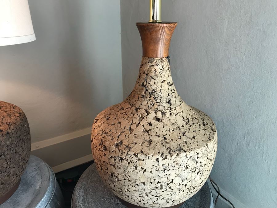 Pair Of Vintage Mid-Century Cork Lamps (One With Shade) And Pair Of Galvanized Metal Planters / Tables [Photo 6]