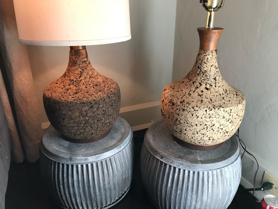 Pair Of Vintage Mid-Century Cork Lamps (One With Shade) And Pair Of Galvanized Metal Planters / Tables [Photo 3]