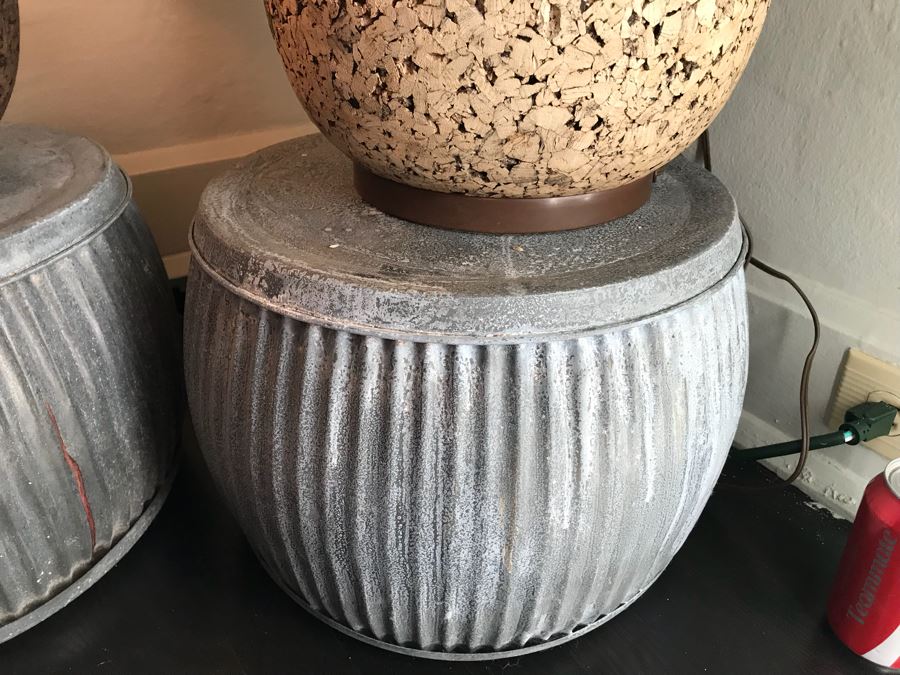 Pair Of Vintage Mid-Century Cork Lamps (One With Shade) And Pair Of Galvanized Metal Planters / Tables [Photo 11]