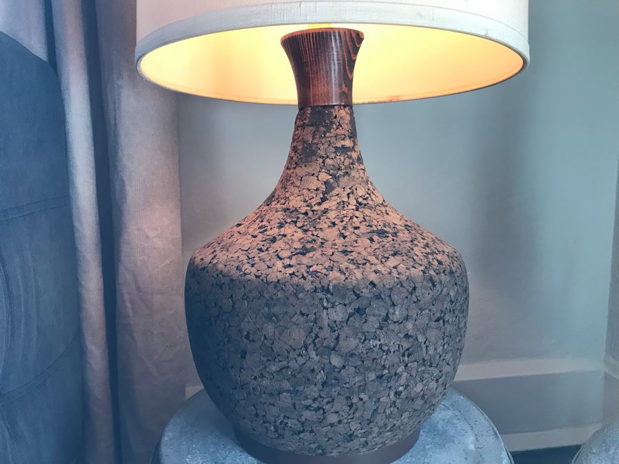 Pair Of Vintage Mid-Century Cork Lamps (One With Shade) And Pair Of Galvanized Metal Planters / Tables [Photo 9]