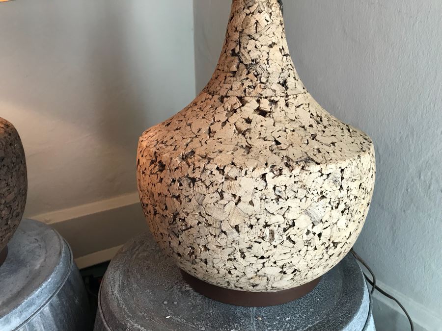 Pair Of Vintage Mid-Century Cork Lamps (One With Shade) And Pair Of Galvanized Metal Planters / Tables [Photo 7]