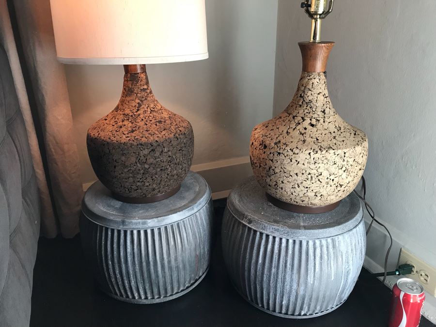 Pair Of Vintage Mid-Century Cork Lamps (One With Shade) And Pair Of Galvanized Metal Planters / Tables [Photo 1]