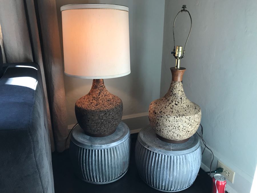 Pair Of Vintage Mid-Century Cork Lamps (One With Shade) And Pair Of Galvanized Metal Planters / Tables [Photo 12]
