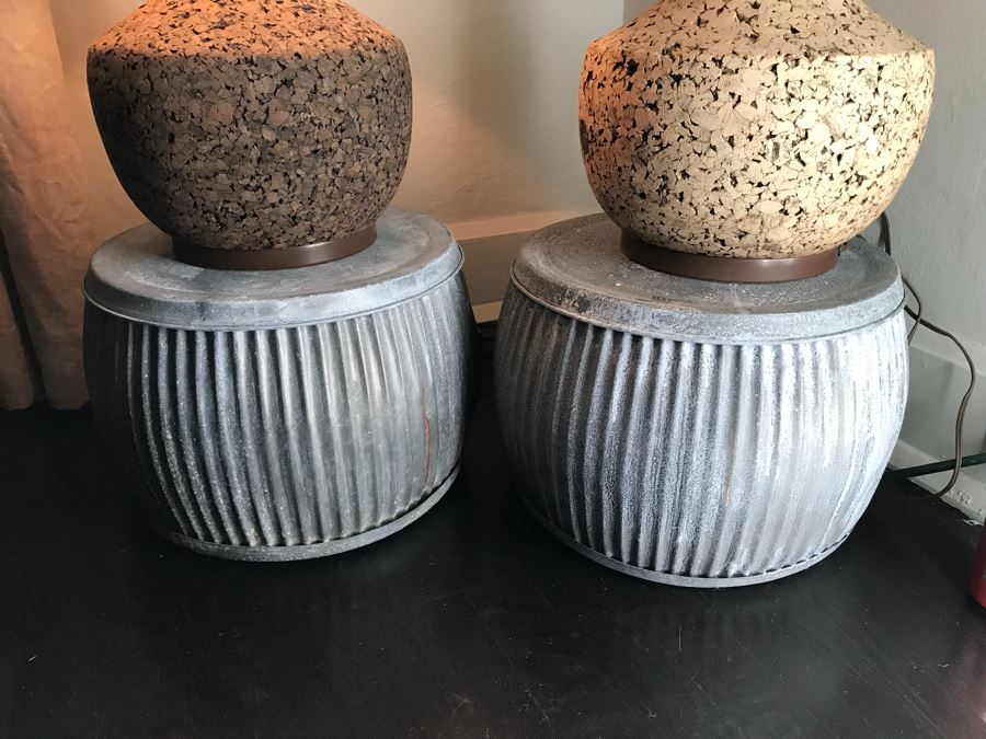 Pair Of Vintage Mid-Century Cork Lamps (One With Shade) And Pair Of Galvanized Metal Planters / Tables [Photo 2]