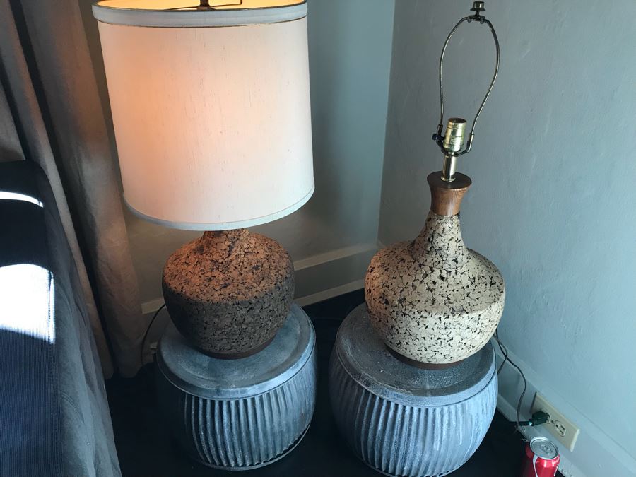 Pair Of Vintage Mid-Century Cork Lamps (One With Shade) And Pair Of Galvanized Metal Planters / Tables [Photo 4]