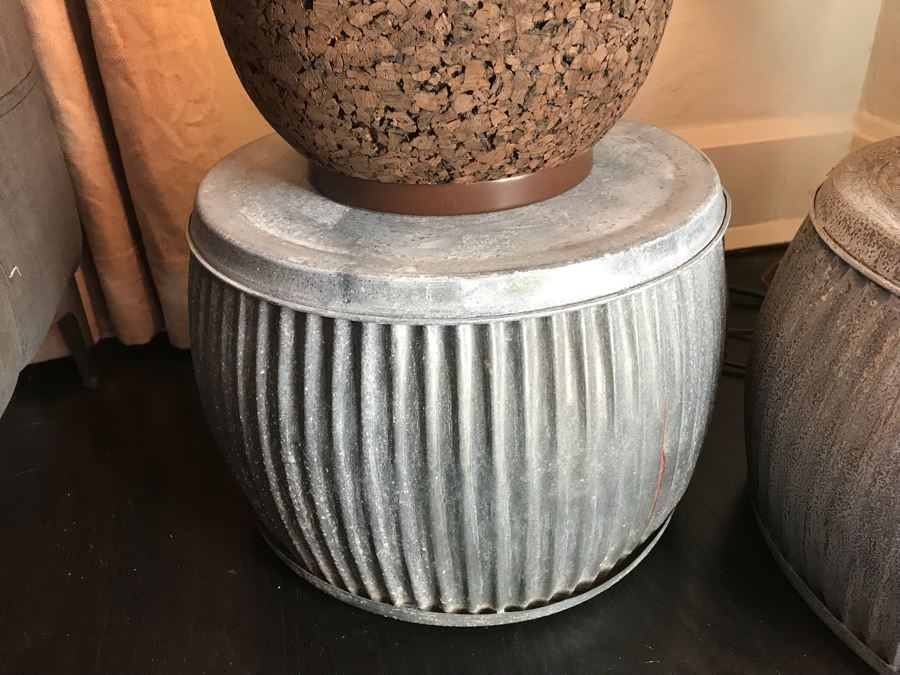 Pair Of Vintage Mid-Century Cork Lamps (One With Shade) And Pair Of Galvanized Metal Planters / Tables [Photo 10]
