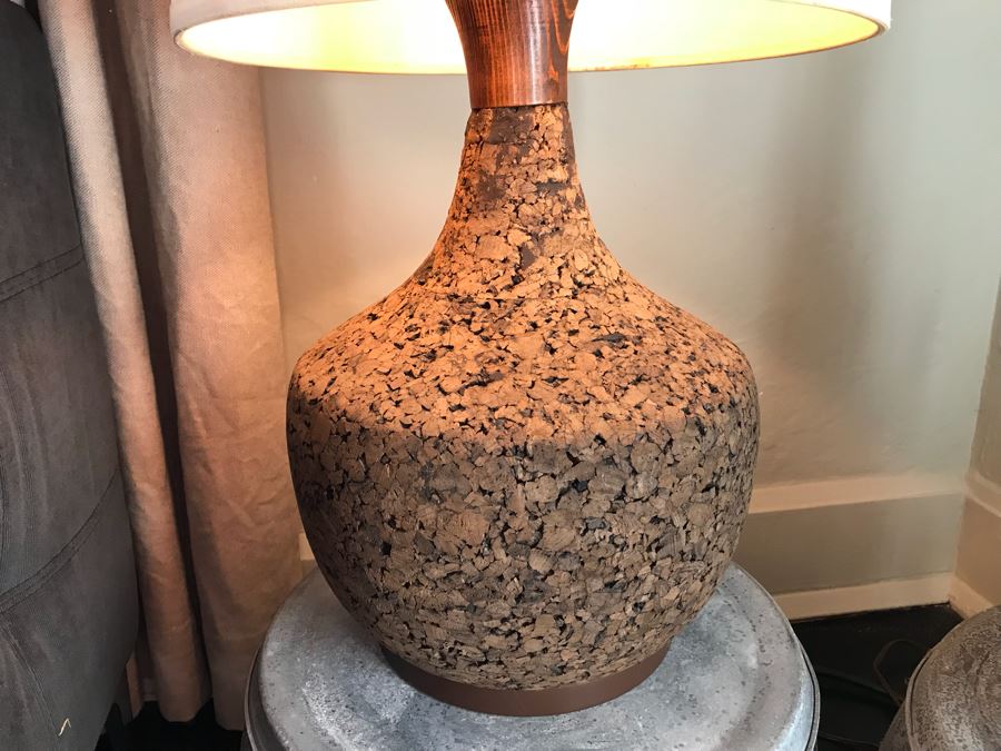 Pair Of Vintage Mid-Century Cork Lamps (One With Shade) And Pair Of Galvanized Metal Planters / Tables [Photo 8]