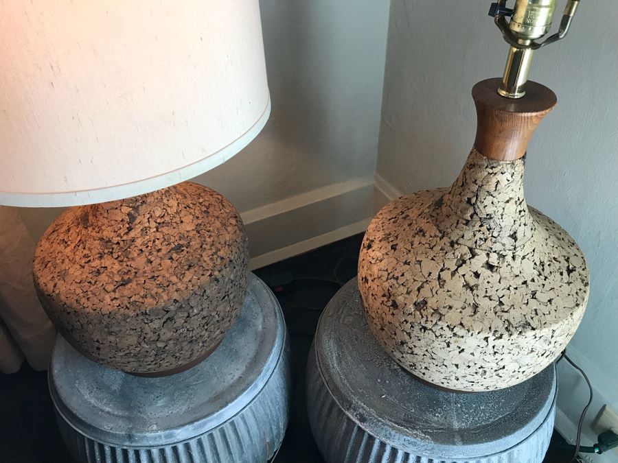 Pair Of Vintage Mid-Century Cork Lamps (One With Shade) And Pair Of Galvanized Metal Planters / Tables [Photo 5]