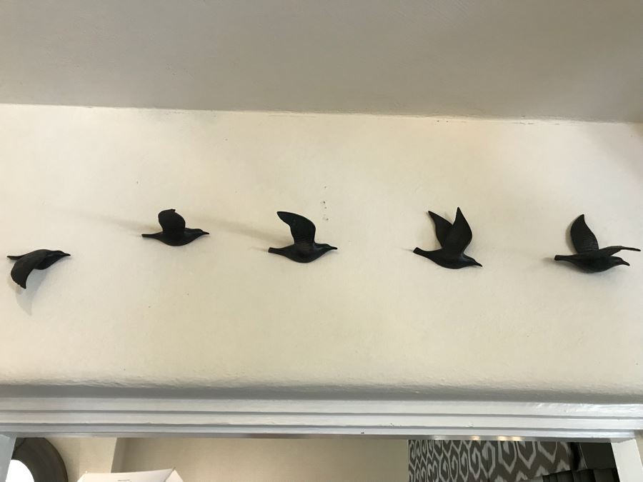 Set Of (5) Wall Mounted Birds In Motion Black Painted China Birds [Photo 1]