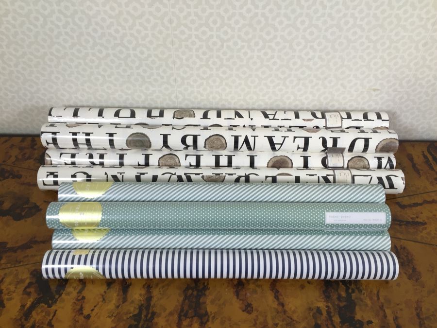 Metal Basket Filled With (12) New Designer Gift Wrapping Paper Rolls - See Photos [Photo 2]