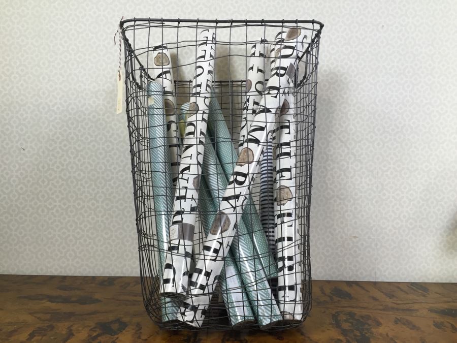 Metal Basket Filled With (12) New Designer Gift Wrapping Paper Rolls - See Photos [Photo 1]