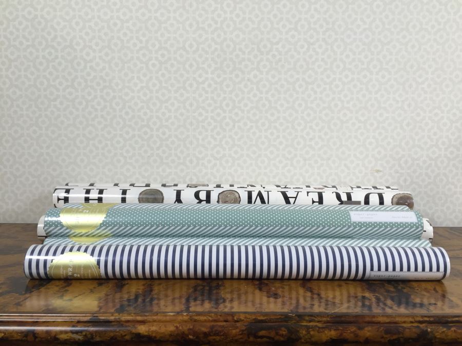 Metal Basket Filled With (12) New Designer Gift Wrapping Paper Rolls - See Photos [Photo 3]