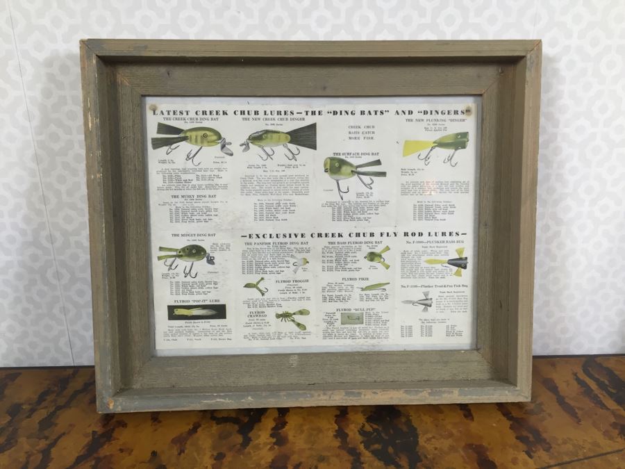 Vintage Framed Fishing Tackle Chub Lures Advertisement In Old Wooden Frame 17' X 14'