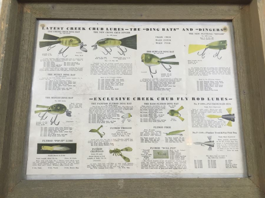 Vintage Framed Fishing Tackle Chub Lures Advertisement In Old Wooden Frame 17' X 14' [Photo 2]