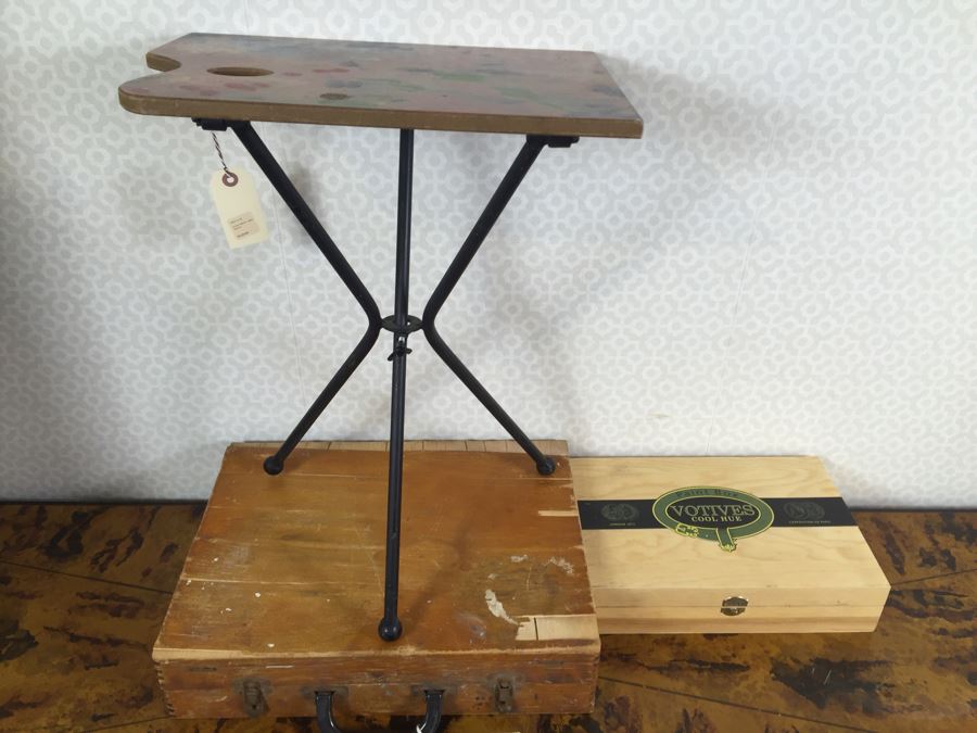 Artist's Easel, Vintage Wooden Paint Box And Votives Cool Hue Paint Box - See Photos [Photo 1]