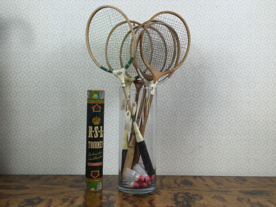 Vintage Badminton Rackets, Shuttlecocks, R.S.L. Feather Shuttlecocks With Original Canister And Glass Umbrella Stand