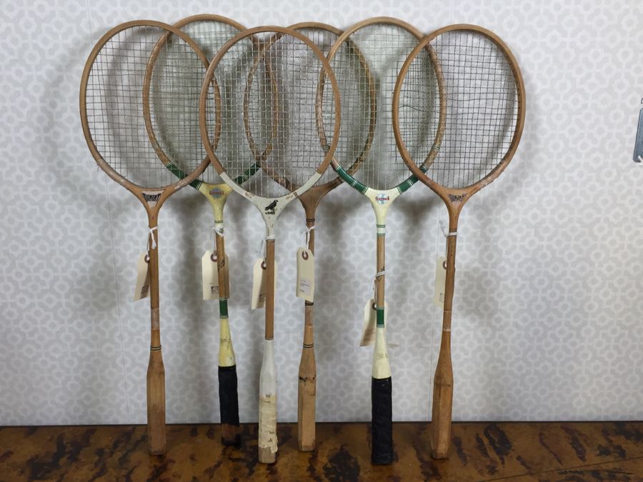 Vintage Badminton Rackets, Shuttlecocks, R.S.L. Feather Shuttlecocks With Original Canister And Glass Umbrella Stand [Photo 4]