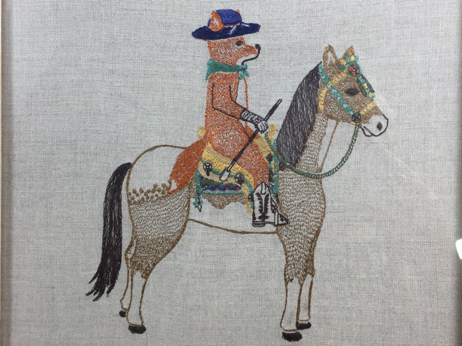 JUST ADDED - Pair Of Framed Coral & Tusk Stitched Artwork On Burlap Of Bird And Fox Riding Horse [Photo 8]