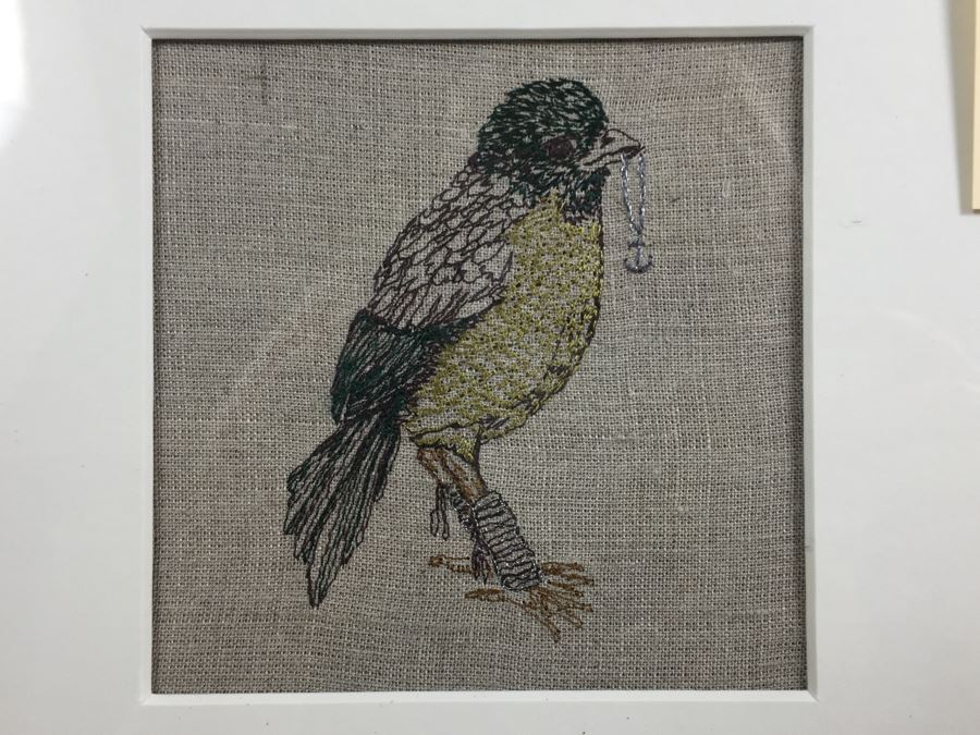 JUST ADDED - Pair Of Framed Coral & Tusk Stitched Artwork On Burlap Of Bird And Fox Riding Horse [Photo 3]