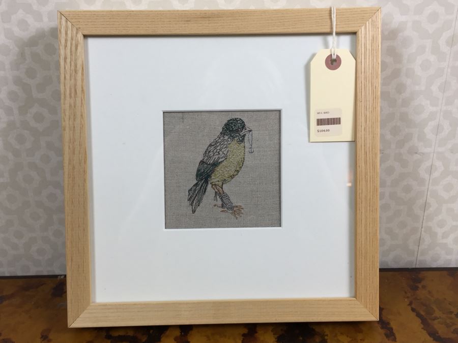 JUST ADDED - Pair Of Framed Coral & Tusk Stitched Artwork On Burlap Of Bird And Fox Riding Horse [Photo 2]