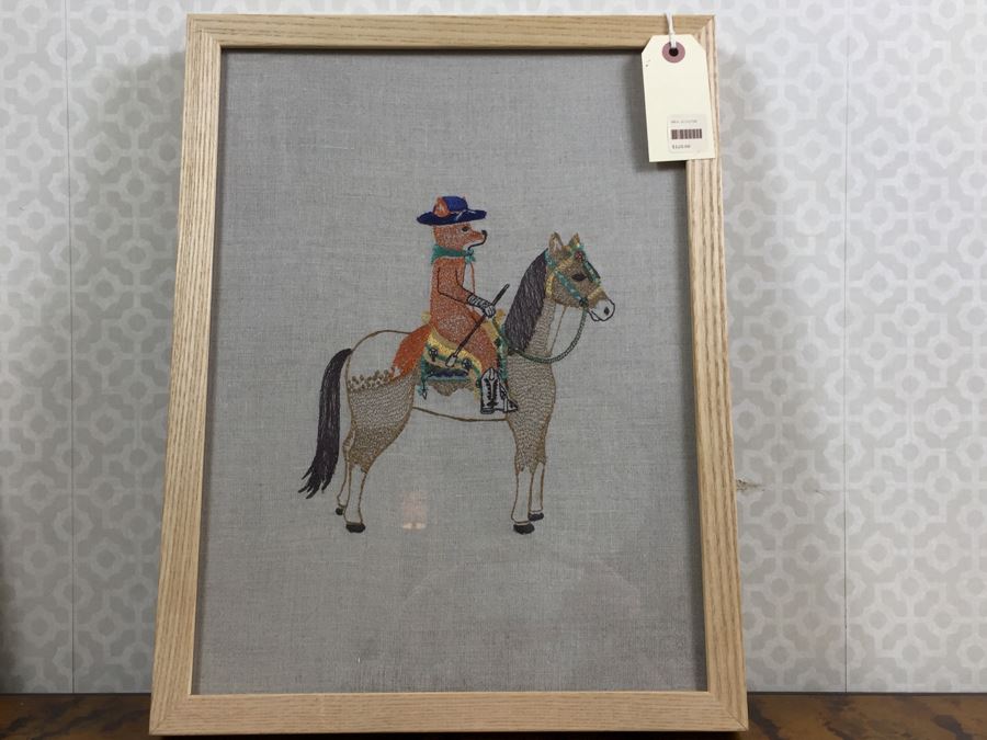 JUST ADDED - Pair Of Framed Coral & Tusk Stitched Artwork On Burlap Of Bird And Fox Riding Horse [Photo 7]