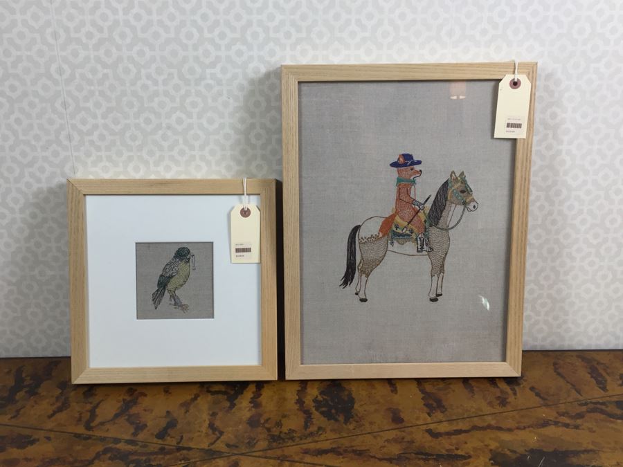 JUST ADDED - Pair Of Framed Coral & Tusk Stitched Artwork On Burlap Of Bird And Fox Riding Horse