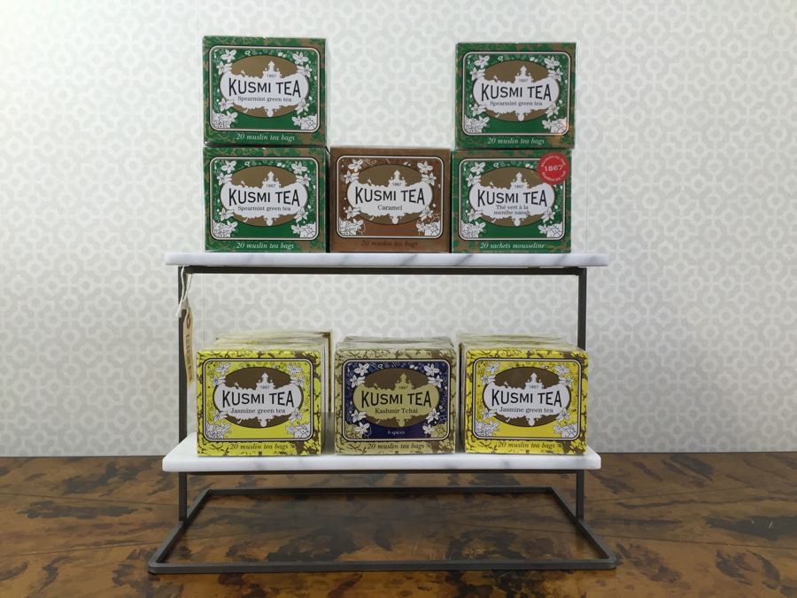 JUST ADDED - 2-Tier Metal And Marble Store Display Stand With (12) NEW Kusmi Tea Boxes [Photo 1]