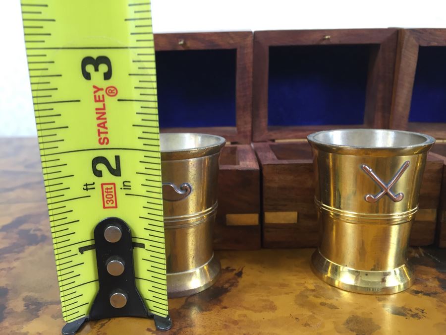 JUST ADDED - Set Of (4) New Leather Money Clip Wallets And (3) New Themed Brass Shot Glasses In Wooden Inlay Boxes [Photo 6]