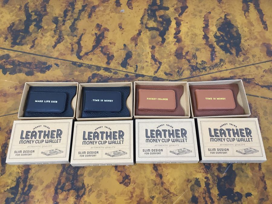 JUST ADDED - Set Of (4) New Leather Money Clip Wallets And (3) New Themed Brass Shot Glasses In Wooden Inlay Boxes [Photo 3]