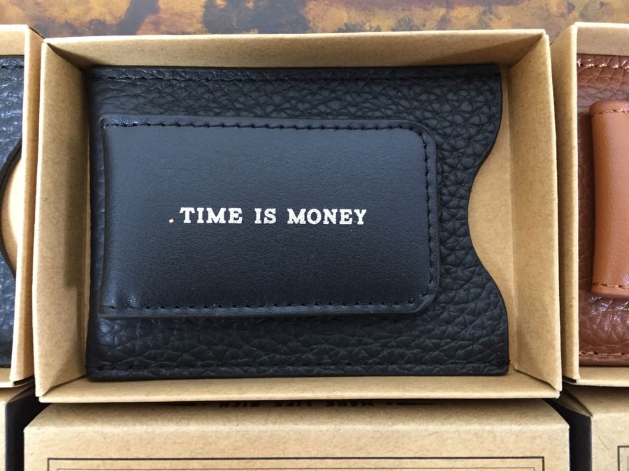 JUST ADDED - Set Of (4) New Leather Money Clip Wallets And (3) New Themed Brass Shot Glasses In Wooden Inlay Boxes [Photo 11]