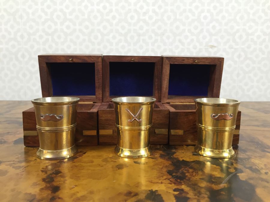 JUST ADDED - Set Of (4) New Leather Money Clip Wallets And (3) New Themed Brass Shot Glasses In Wooden Inlay Boxes [Photo 2]
