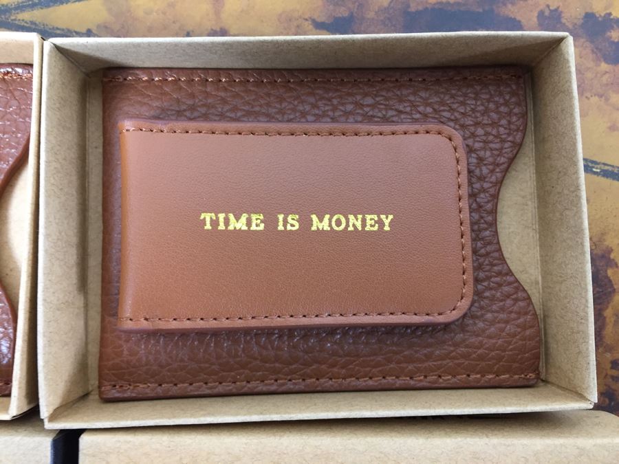 JUST ADDED - Set Of (4) New Leather Money Clip Wallets And (3) New Themed Brass Shot Glasses In Wooden Inlay Boxes [Photo 13]