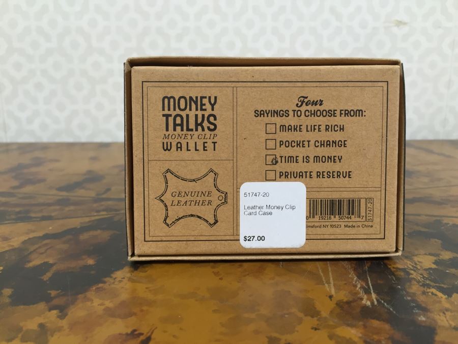 JUST ADDED - Set Of (4) New Leather Money Clip Wallets And (3) New Themed Brass Shot Glasses In Wooden Inlay Boxes [Photo 9]