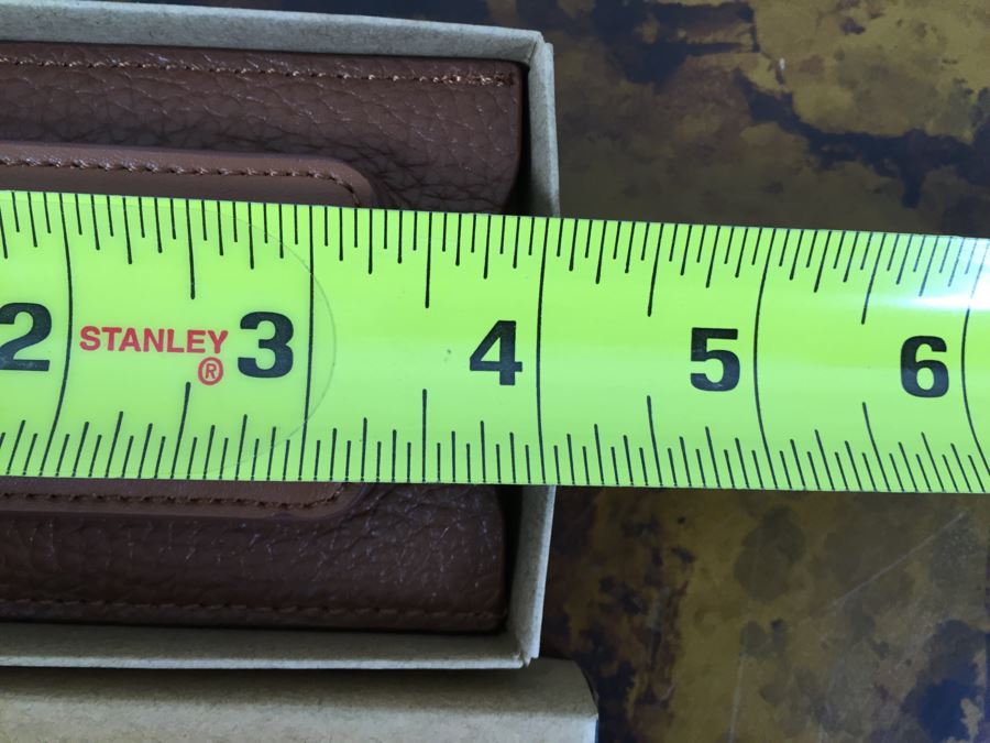 JUST ADDED - Set Of (4) New Leather Money Clip Wallets And (3) New Themed Brass Shot Glasses In Wooden Inlay Boxes [Photo 14]