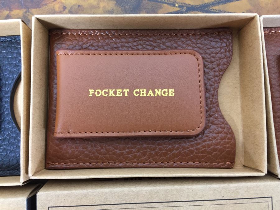 JUST ADDED - Set Of (4) New Leather Money Clip Wallets And (3) New Themed Brass Shot Glasses In Wooden Inlay Boxes [Photo 12]