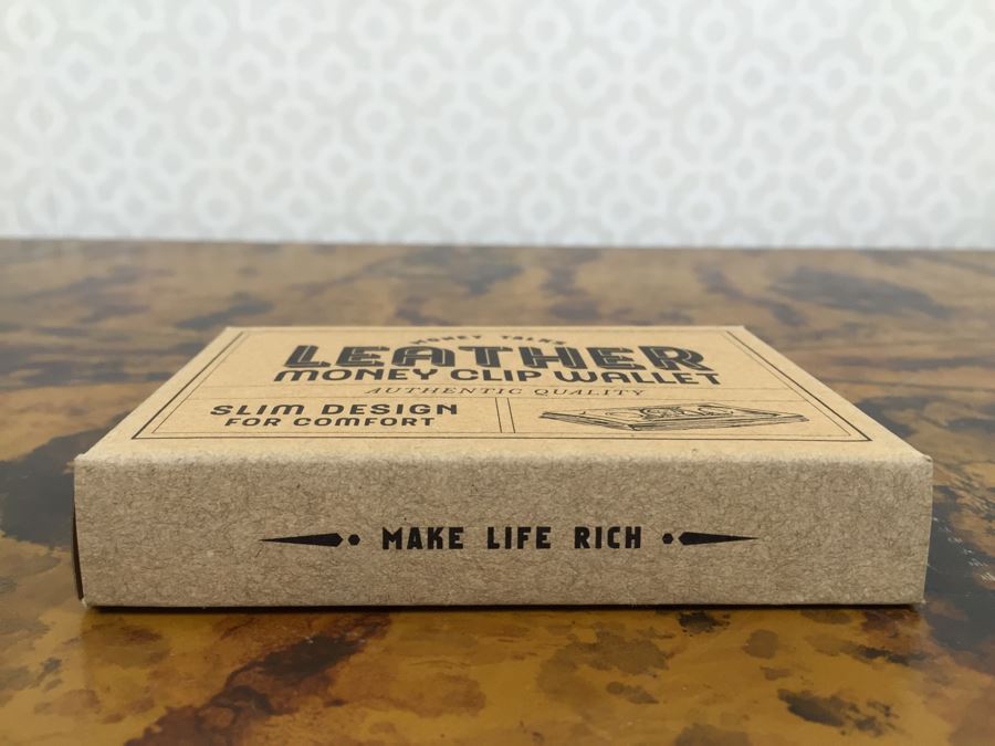 JUST ADDED - Set Of (4) New Leather Money Clip Wallets And (3) New Themed Brass Shot Glasses In Wooden Inlay Boxes [Photo 8]