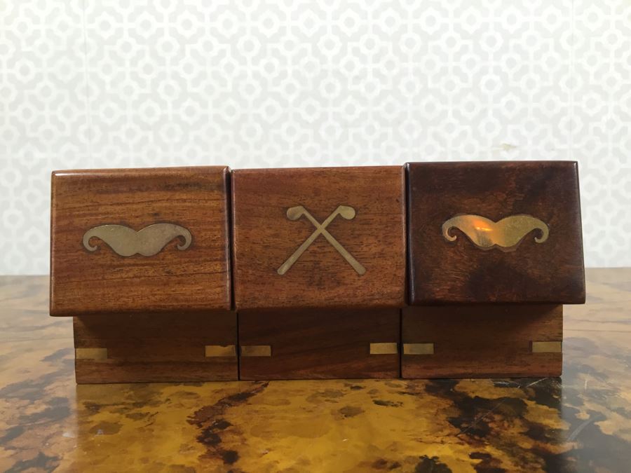 JUST ADDED - Set Of (4) New Leather Money Clip Wallets And (3) New Themed Brass Shot Glasses In Wooden Inlay Boxes [Photo 7]